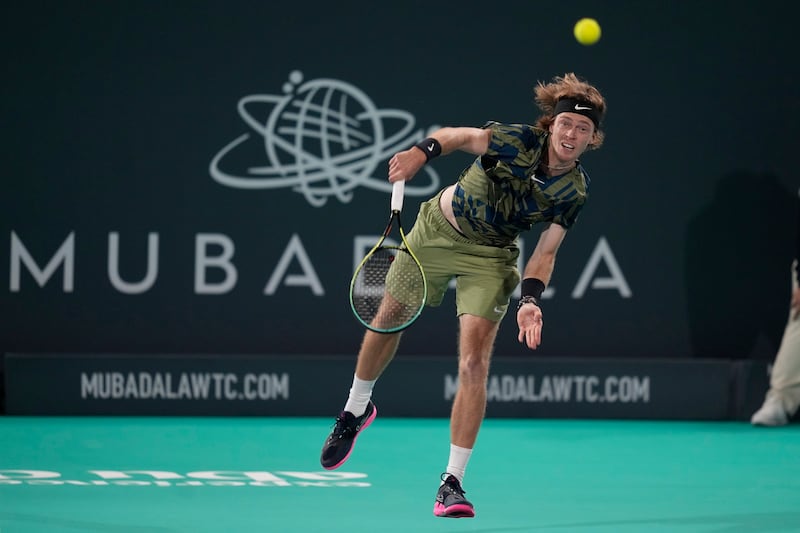 Andrey Rublev serves to Borna Coric during their match in Abu Dhabi. AP