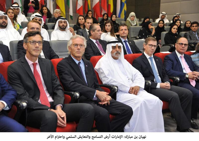 Sheikh Nahyan bin Mubarak, Minister of Culture and Knowledge Development, attends the celebration of the 60th anniversary of the European Union, in honour of Europe Day, an event held at the Emirates Diplomatic Academy on Wednesday. Wam