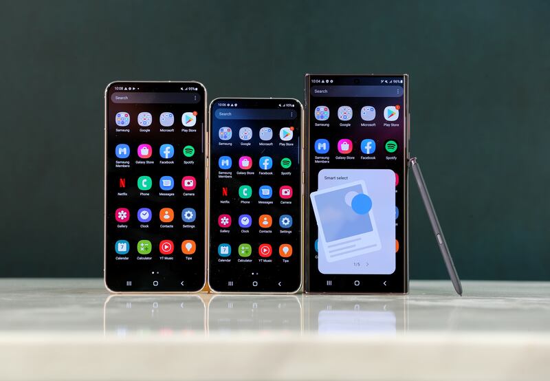 The Samsung Galaxy S22+, Galaxy S22 and Galaxy S22 Ultra.