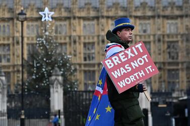  Pro EU campaigner Steve Bray outside parliament as MP's voted on the Brexit deal in London, Britain. MPs overwhelmingly voted in favour of the EU (Future Relationship) Bill by 521 votes to 73 on Wednesday. EPA