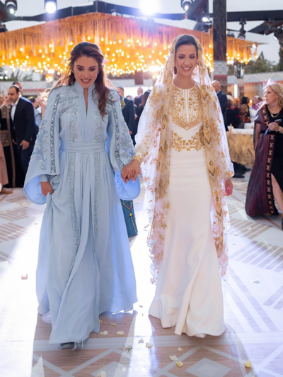 Jordan's Queen Rania wearing a kaftan by Saaid Kobeisy, for Rajwa Al Saif's henna party ahead of the royal wedding. Photo: @queenrania / Instagram