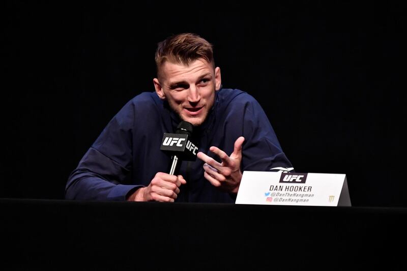 ABU DHABI, UNITED ARAB EMIRATES - JANUARY 21:  Dan Hooker of New Zealand interacts with media during the UFC 257 press conference event inside Etihad Arena on UFC Fight Island on January 21, 2021 in Yas Island, Abu Dhabi, United Arab Emirates. (Photo by Jeff Bottari/Zuffa LLC via Getty Images)