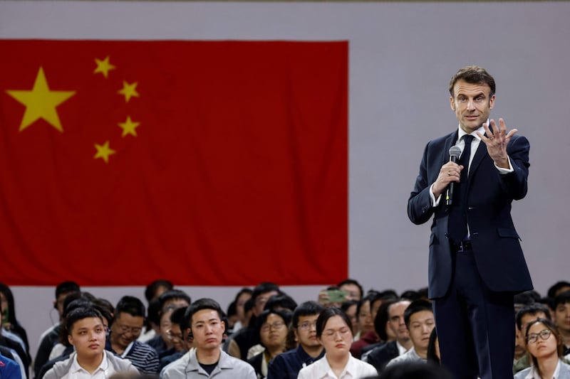 Mr Macron addresses students at Sun Yat-sen University in Guangzhou, China. AFP