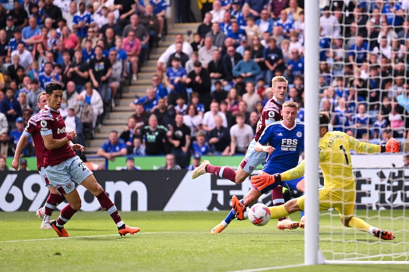 Harvey Barnes of Leicester City scores his team's first goal against West Ham United at the King Power Stadium. Getty