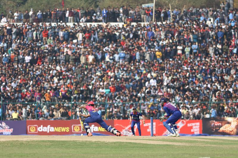 UAE's Vriitya Aravind plays a shot during a Cricket World Cup League 2 match against Nepal at the TU International Cricket Stadium in Kathmandu on Thursday, March 16, 2023. All images Subas Humagain for The National