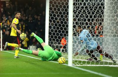 WATFORD, ENGLAND - DECEMBER 28: Troy Deeney of Watford scores his sides first goal during the Premier League match between Watford FC and Aston Villa at Vicarage Road on December 28, 2019 in Watford, United Kingdom. (Photo by Alex Morton/Getty Images)