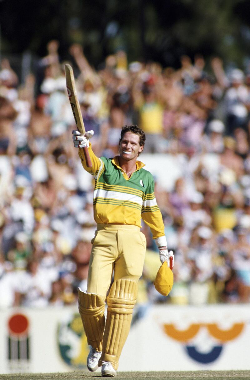 PERTH, AUSTRALIA - JANUARY 02: Australia batsman Dean Jones celebrates his One Day International century against Pakistan in the B&H Perth Challenge at the WACA on January 2, 1987 in Perth, Australia. (Photo by Adrian Murrell/Allsport/Getty Images/Hulton Archive)