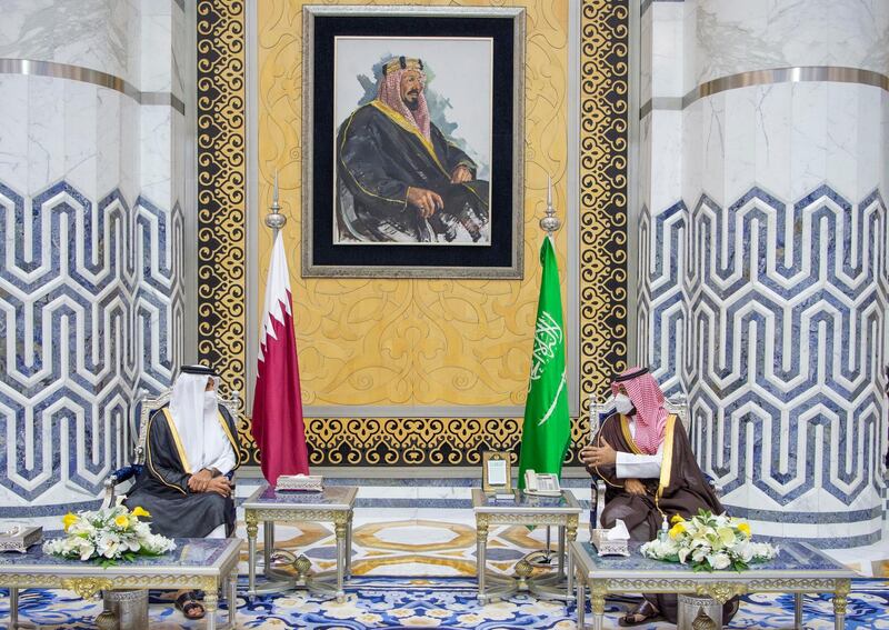 Saudi Crown Prince Mohammed bin Salman, right, meets with Qatar's Emir Sheikh Tamim bin Hamad Al Thani in Jeddah, Saudi Arabia. AP Photo