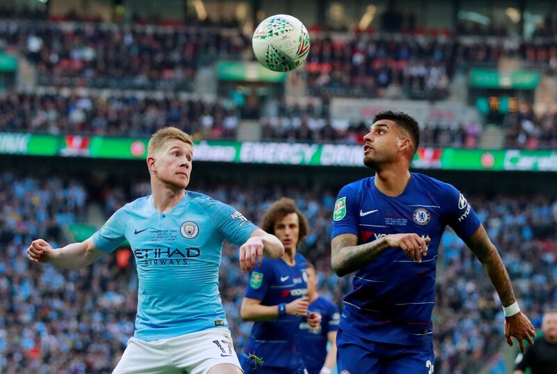Chelsea's Emerson Palmieri in action with Manchester City's Kevin De Bruyne. Action Images via Reuters