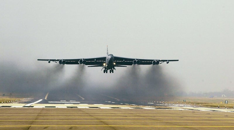 RAF FAIRFORD, ENGLAND - MARCH 21:  A U.S. Air Force B-52 bomber takes off March 21, 2003 from RAF Fairford, England. Eight of the aircraft took off but there was no indication given as to their final destination. (Photo by Julian Herbert/Getty Images)