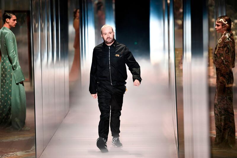 British designer Kim Jones walks the runway after presenting his first couture collection for Fendi at the label's spring /summer 2021 show during Paris Haute Couture Week on January 27. AFP