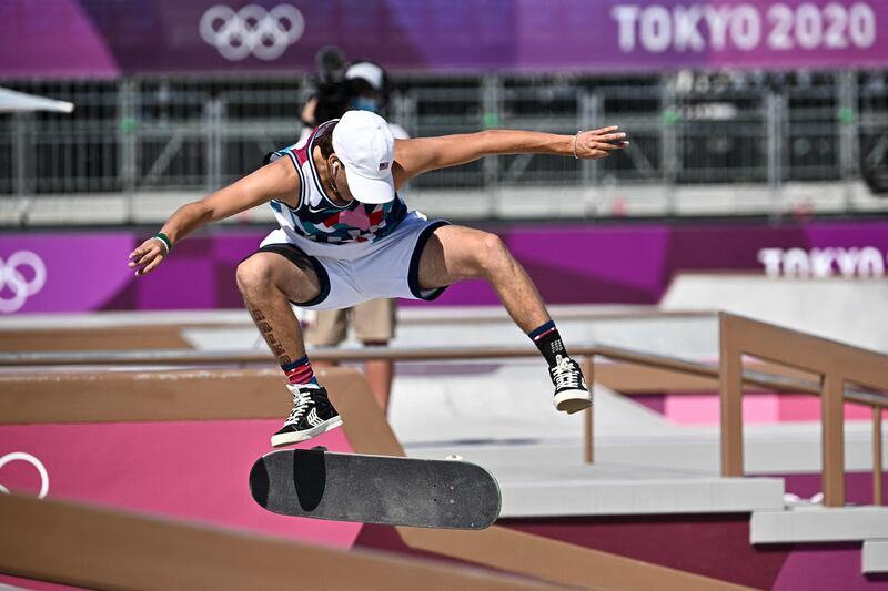 Jagger Eaton of the US competes in the Skateboarding Men's Street Finals.