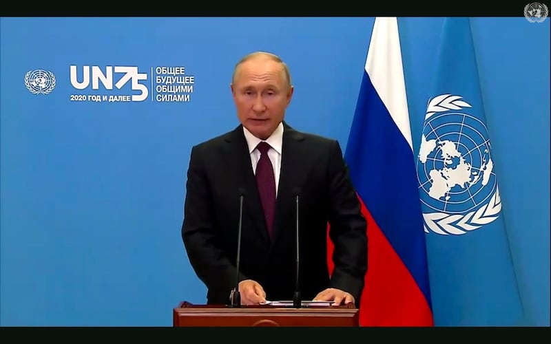 Russian President Vladimir Putin, speaks in a pre-recorded message which was played during the 75th session of the United Nations General Assembly. UNTV via AP