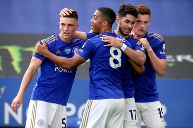 epa08550171 Leichester's Ayoze Perez (2-R) celebrates with his teammates after scoring the 1-0 lead during the English Premier League soccer match between Leicester City and Sheffield United in Leicester, Britain, 16 July 2020. EPA/Cath Ivill/NMC/Pool EDITORIAL USE ONLY. No use with unauthorized audio, video, data, fixture lists, club/league logos or 'live' services. Online in-match use limited to 120 images, no video emulation. No use in betting, games or single club/league/player publications.