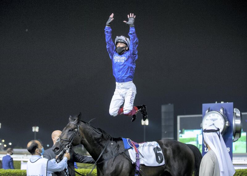 DUBAI, UNITED ARAB EMIRATES. 25 FEBRUARY 2021. 
Jockey Lanfranco Dettori on Volcanic Sky wins the Nad Al Sheba Trophy race,  2810M Turf, at Meydan Racecourse. Horse trainer is Saeed bin Suroor.

Photo: Reem Mohammed / The National
Reporter: Amith Passala
Section: SP