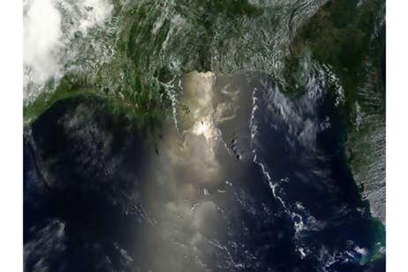 Oil can be seen as a shimmering area reflecting the light back into space more vividly than the normal reflectance of water in this satellite photo taken on Wednesday, June 9, 2010.