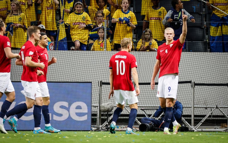 Erling Haaland celebrates scoring Norway's second goal during the Nations League match between Sweden and Norway at Friends Arena in Stockholm, Sweden, 05 June 2022. EPA