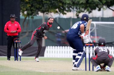 DUBAI, UNITED ARAB EMIRATES , Dec 15– 2019 :- Rohan Mustafa of UAE bowling during the World Cup League 2 cricket match between UAE vs Scotland held at ICC academy in Dubai. Rohan Mustafa took 3 wickets in this match. ( Pawan Singh / The National ) For Sports. Story by Paul