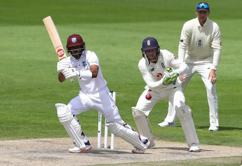 West Indies batsman Shai Hope plays a shot. Reuters
