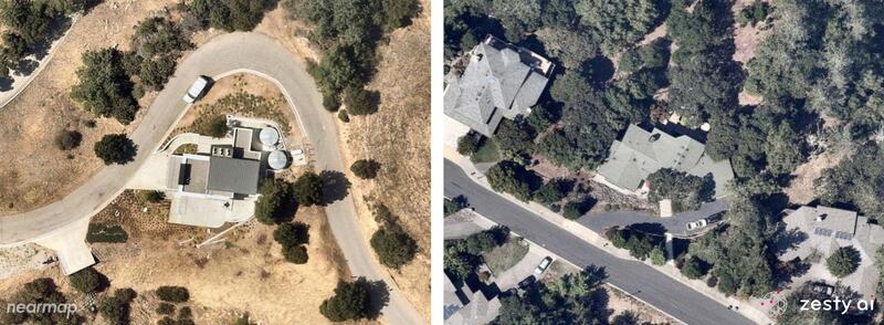 A combination of images from 2020 show a home, left, with low surrounding vegetation density that survived the Woolsey Fire in California in 2018, and another home, right, with high vegetation density that was destroyed in the Tubbs Fire in California in 2017. ZestyAI and Nearmap