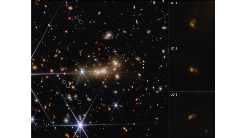 The gravity of galaxy cluster MACS0647 bends and magnifies light from the more distant MACS0647-JD. Photo: Nasa