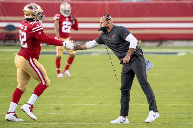 October 4, 2020; Santa Clara, California, USA; San Francisco 49ers defensive coordinator Robert Saleh (right) and defensive end Kerry Hyder (92) during the second quarter against the Philadelphia Eagles at Levi's Stadium. Mandatory Credit: Kyle Terada-USA TODAY Sports