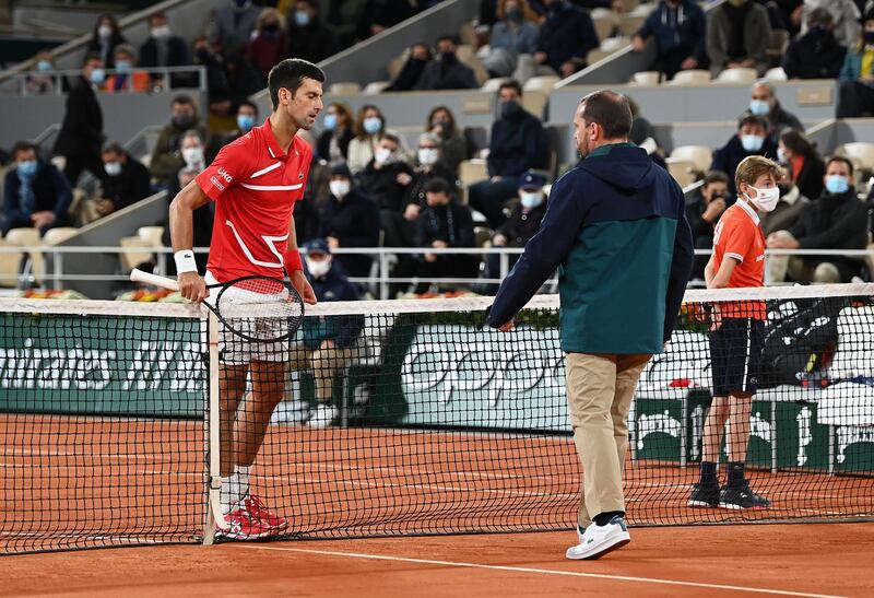 Novak Djokovic of Serbia questions a line call. Getty