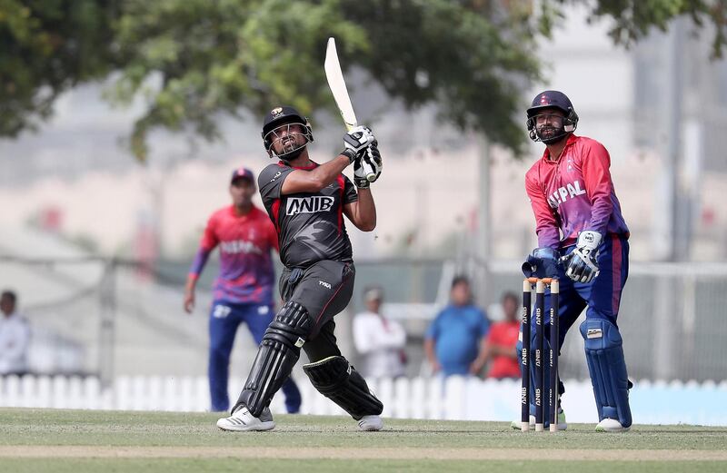 DUBAI , UNITED ARAB EMIRATES , January 28 – 2019 :- Shaiman Anwar of UAE playing a shot during the one day international cricket match between UAE vs Nepal held at ICC cricket academy in Dubai. He scored 87 runs in this match. ( Pawan Singh / The National ) For Sports. Story by Paul