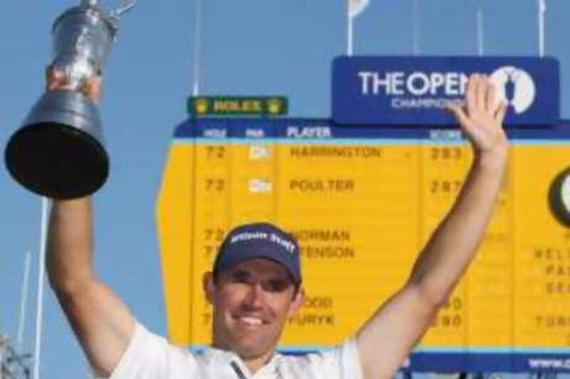 SOUTHPORT, UNITED KINGDOM - JULY 20:  Padraig Harrington of the Republic of Ireland celebrates with the Claret Jug in front of the scoreboard after winning by 4 strokes during the final round of the 137th Open Championship on July 20, 2008 at Royal Birkdale Golf Club, Southport, England.  (Photo by David Cannon/Getty Images) *** Local Caption ***  GYI0055348973.jpg *** Local Caption ***  GYI0055348973.jpg