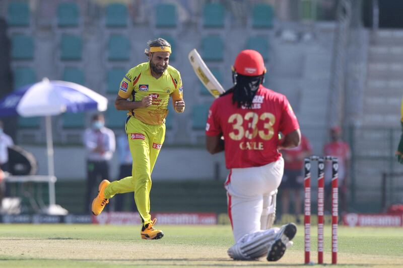 Imran Tahir of Chennai Superkings celebrates the wicket of Chris Gayle of Kings XI Punjab during match 53 of season 13 of the Dream 11 Indian Premier League (IPL) between the Chennai Super Kings and the Kings XI Punjab at the Sheikh Zayed Stadium, Abu Dhabi  in the United Arab Emirates on the 1st November 2020.  Photo by: Pankaj Nangia  / Sportzpics for BCCI