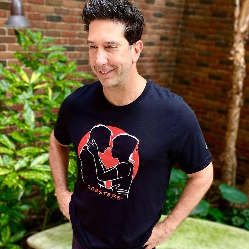 David Schwimmer, who played Ross in 'Friends', wears a 'Lobsters' T-shirt from the limited edition Cast Collection of merchandise