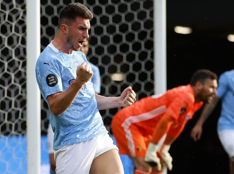 Manchester City's French defender Aymeric Laporte celebrates scoring his team's fourth goal against Watford. AFP