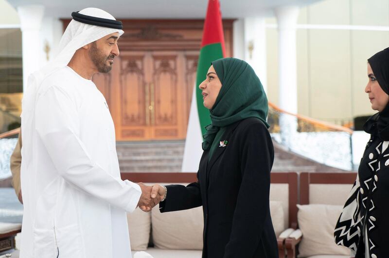 ABU DHABI, UNITED ARAB EMIRATES - March 18, 2019: HH Sheikh Mohamed bin Zayed Al Nahyan, Crown Prince of Abu Dhabi and Deputy Supreme Commander of the UAE Armed Forces (L), receives HE Fawzia Zainal, Speaker of the Council of Representatives of Bahrain (C), during a Sea Palace barza. Seen with HE Dr Amal Abdullah Al Qubaisi, Speaker of the Federal National Council (FNC) (R). 

( Rashed Al Mansoori / Ministry of Presidential Affairs )
---