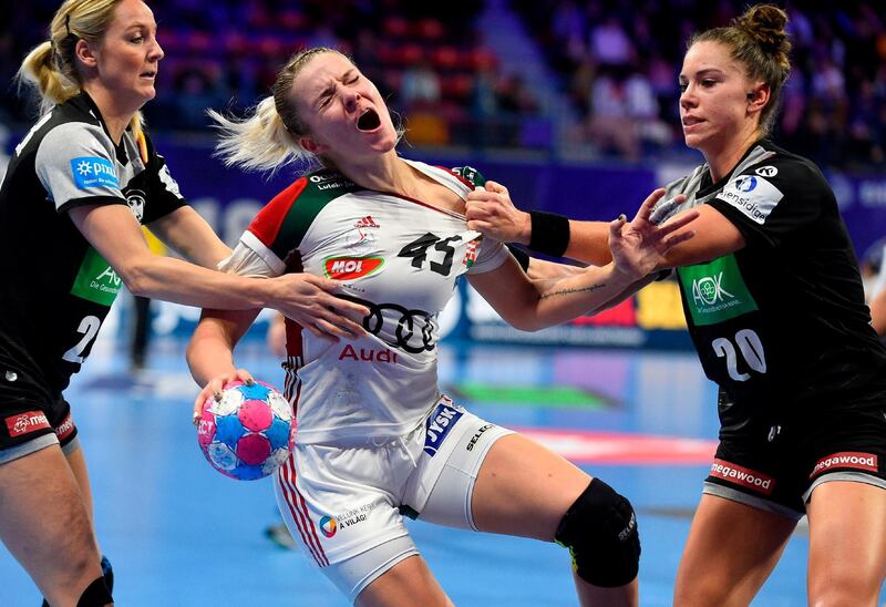 2018 European Women's handball action between Hungary and Germany. AFP