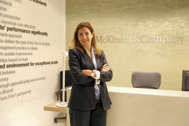 DUBAI ,  UNITED ARAB EMIRATES , JUNE 10 – 2019 :- Rima Assi, McKinsey Middle East partner at her office in DIFC in Dubai.  ( Pawan Singh / The National ) For Business. Story by Nada El Sawy 