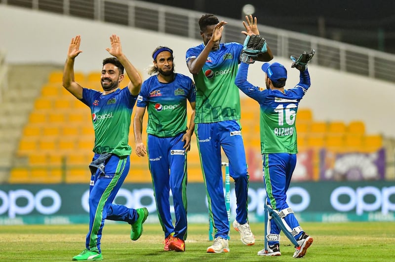 Multan Sultans celebrate the first Peshawar Zalmi wicket. Courtesy PSL