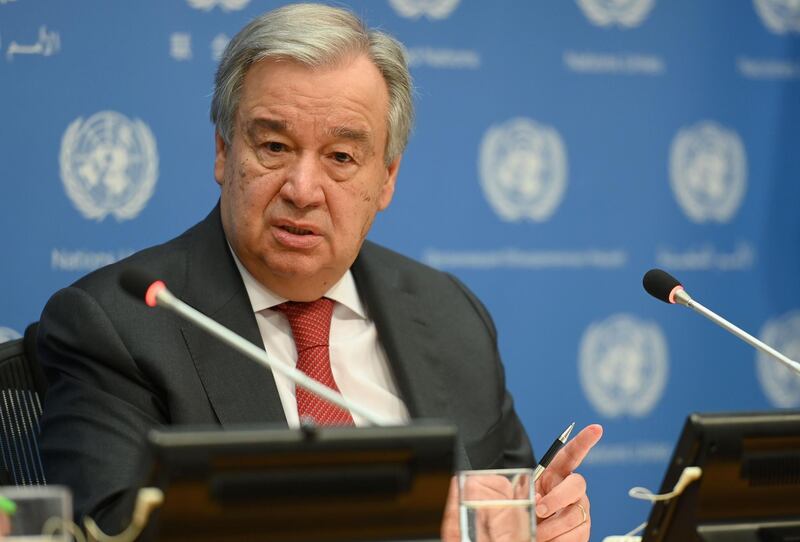 United Nations Secretary General Antonio Guterres speaks during a press briefing at United Nations Headquarters on February 4, 2020 in New York City. / AFP / Angela Weiss

