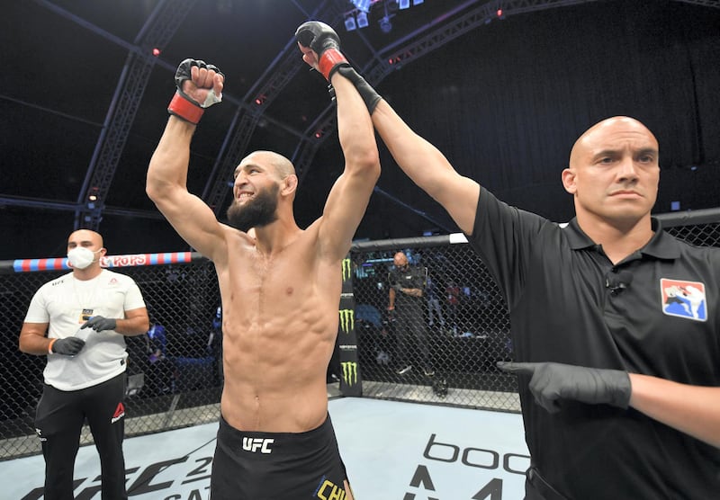 ABU DHABI, UNITED ARAB EMIRATES - JULY 26: Khamzat Chimaev of Czechia celebrates after his TKO victory over Rhys McKee of Northern Ireland in their welterweight fight during the UFC Fight Night event inside Flash Forum on UFC Fight Island on July 26, 2020 in Yas Island, Abu Dhabi, United Arab Emirates. (Photo by Jeff Bottari/Zuffa LLC via Getty Images)