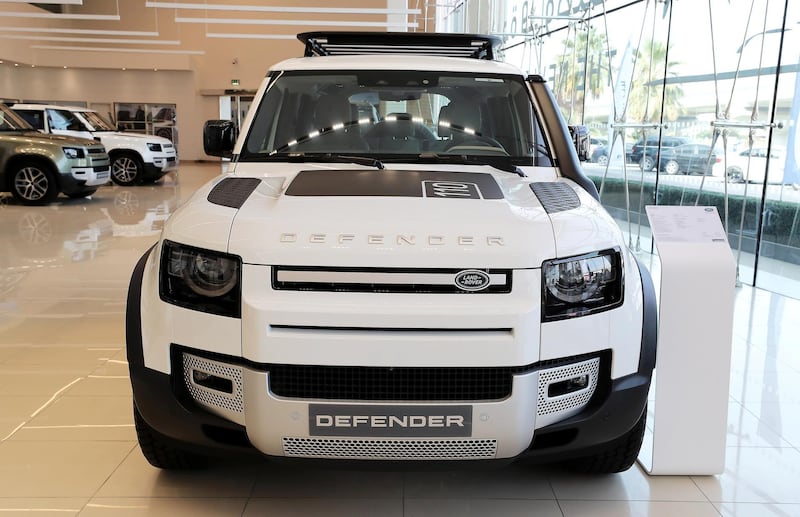 DUBAI, UNITED ARAB EMIRATES , June 27 – 2020 :- Land Rover Defender SE model on display at the Land Rover Defenders showroom on Sheikh Zayed Road in Dubai. (Pawan Singh / The National) For Motoring. Story by Simon