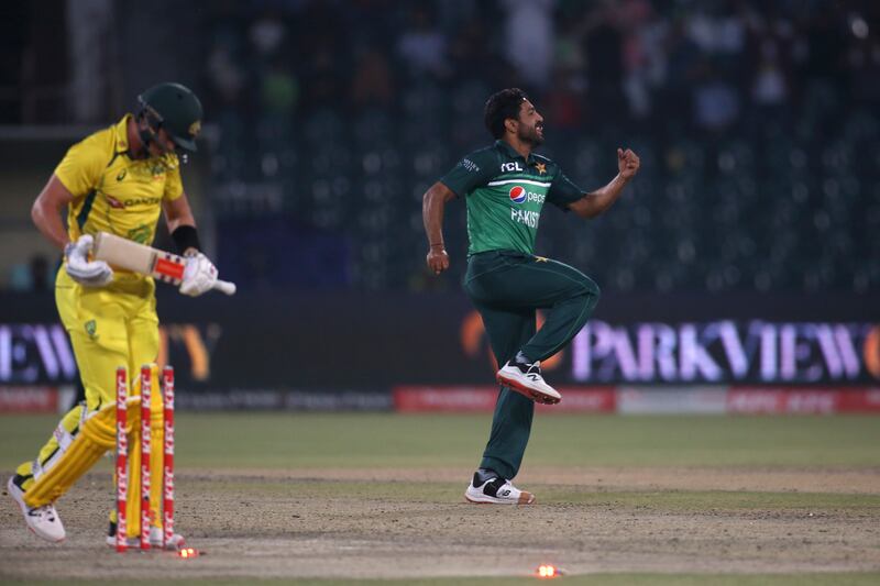 Pakistan's Haris Rauf celebrates after taking the wicket of Australia's Sean Abbott. AP 