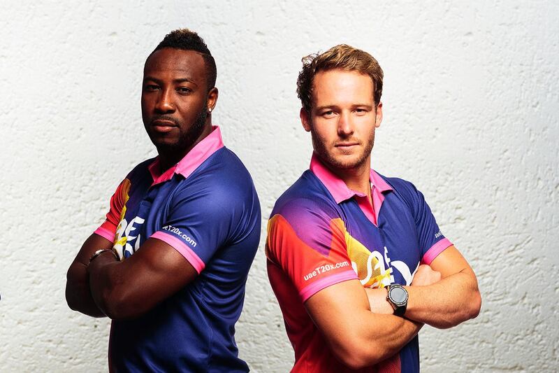 West Indies all-rounder Andre Russell, left, and South Africa batsman David Miller. Courtesy UAE T20x
