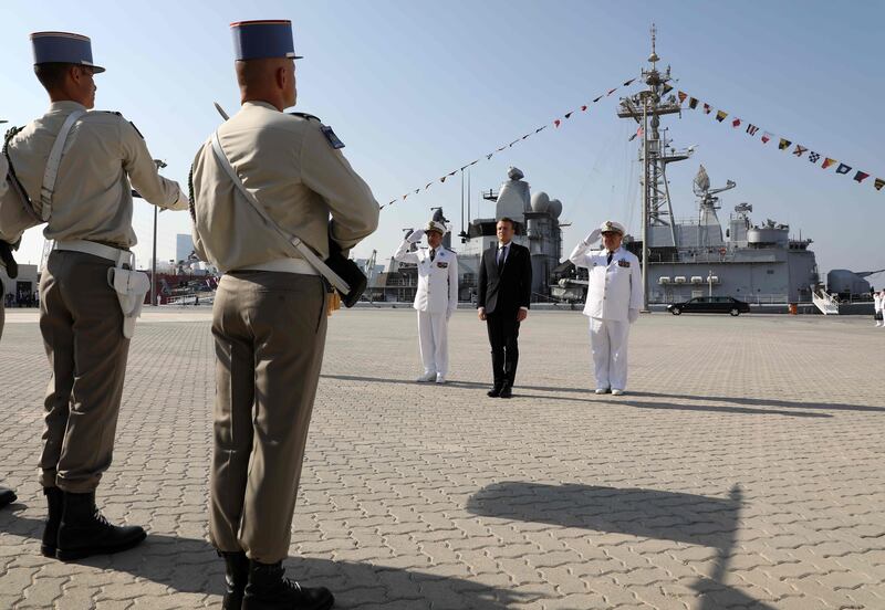French president Emmanuel Macron stands at a naval base in Abu Dhabi on November 9, 2017.  Ludovic Marin / AFP
