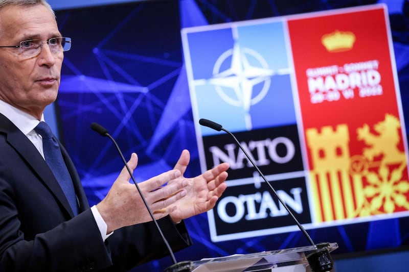 Mr Stoltenberg speaks at a press conference to preview the Nato summit at the alliance's headquarters in Brussels, Belgium. AFP