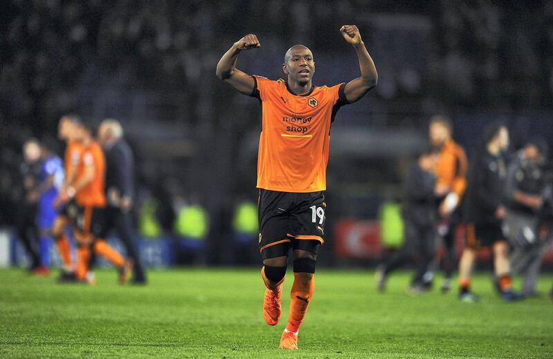 CARDIFF, WALES - APRIL 06:  Benik Afobe of Wolverhampton Wanderers celebrates victory during the Sky Bet Championship match between Cardiff City and Wolverhampton Wanderers at the Cardiff City Stadium on April 6, 2018 in Cardiff, Wales.  (Photo by Harry Trump/Getty Images)