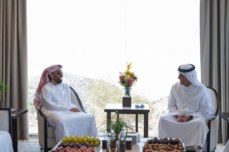 Sheikh Saud bin Saqr Al Qasimi, Ruler of Ras Al Khaimah and Supreme Council Member, receives Sheikh Tahnoun bin Zayed, UAE National Security Adviser, at Jebel Jais. 

