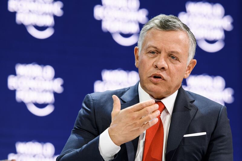 (FILES) In this file photo taken on January 25, 2018 King Abdullah II of Jordan attends a session at the Economic Forum (WEF) annual meeting in Davos, eastern Switzerland.
King Abdullah II of Jordan said February 4, 2018 that the United States remains essential to any hope of a peaceful solution between Israel and the Palestinians, despite widespread criticism of the new US stance on Jerusalem. "We cannot have a peace process or a peace solution without the role of the United States," the monarch said on the CNN program "Fareed Zakaria GPS." 
 / AFP PHOTO / Fabrice COFFRINI
