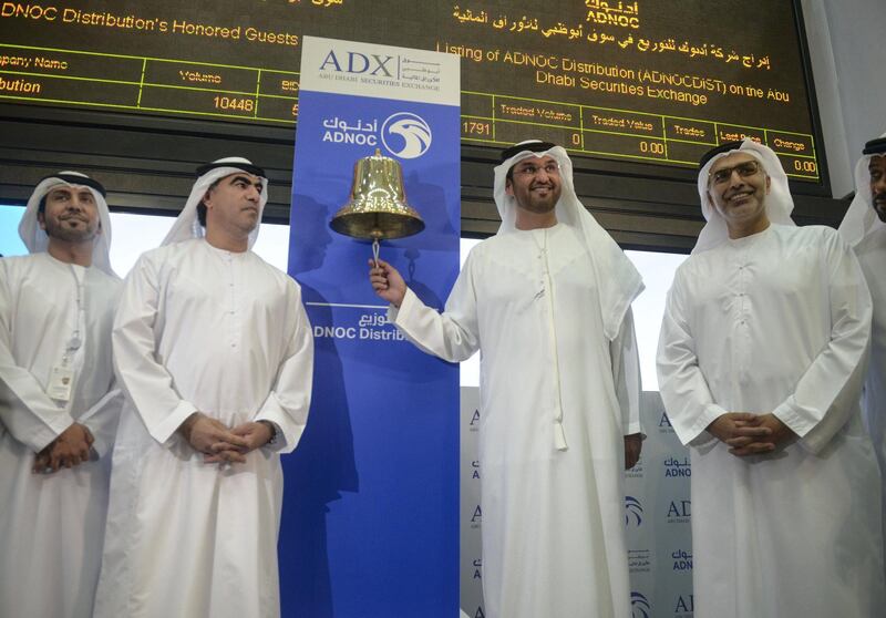 Abu Dhabi, United Arab Emirates -  Sultan Al Jaber, CEO of ADNOC rang the bell to mark the trading of stock at Abu Dhabi Securities Exchange on December 13, 2017. (Khushnum Bhandari/ The National)

