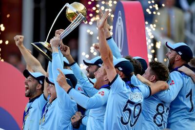 LONDON, ENGLAND - JULY 14: England Captain Eoin Morgan lifts the World Cup after victory for England during the Final of the ICC Cricket World Cup 2019 between New Zealand and England at Lord's Cricket Ground on July 14, 2019 in London, England. (Photo by Mike Hewitt/Getty Images)