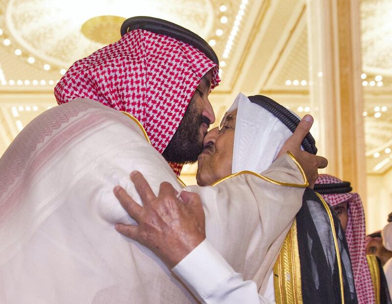 Kuwaiti Emir Sheikh Sabah al-Ahmad al-Jaber al-Sabah greets the Saudi Crown Prince Mohammed bin Salman in Kuwait September 30, 2018. Picture taken September 30, 2018.  Bandar Algaloud/Courtesy of Saudi Royal Court/Handout via REUTERS ATTENTION EDITORS - THIS PICTURE WAS PROVIDED BY A THIRD PARTY.