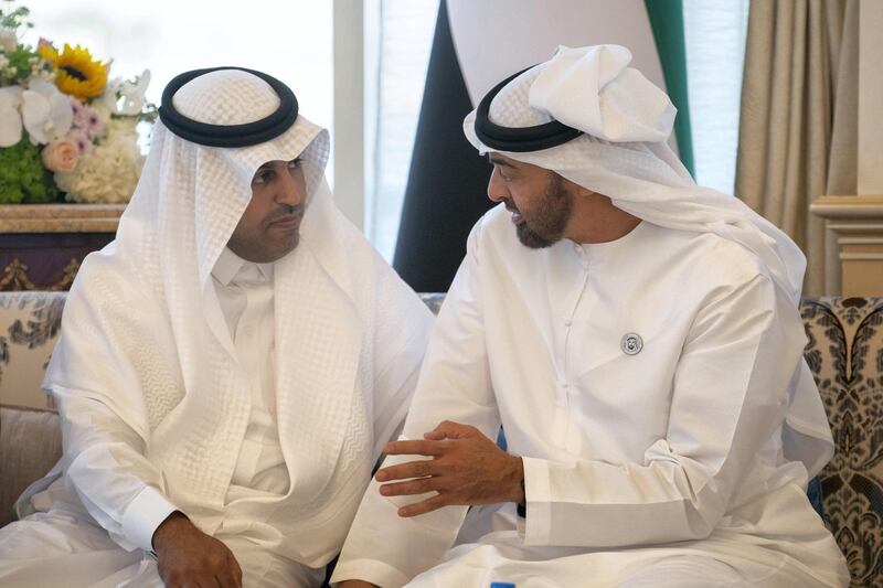 ABU DHABI, UNITED ARAB EMIRATES - October 08, 2018: HH Sheikh Mohamed bin Zayed Al Nahyan Crown Prince of Abu Dhabi Deputy Supreme Commander of the UAE Armed Forces (R), receives Dr Mishaal bin Fahm Al Salami, Speaker of the Arab Parliament (L), during a Sea Palace barza.

( Hamad Al Kaabi / Crown Prince Court - Abu Dhabi )
---